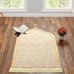 Premium Velvet Lazer Cut Prayer Janamaz Mat 44x28 inch Musalla for Namaz Muslim & Wedding Gift (Cream Colour)-image-49