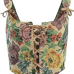 Women Vintage Floral Print Eyelet Lace Up Front Bustier Shapewear Top, beige, 1X-image-56