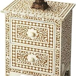Bone Inlay Bedside Table with 2 Drawers, Floral Pattern, Brown and White-image-60