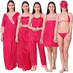 Women's Satin Plain/Solid Nightwear Set Pack of 6-image-94