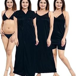 || Women's Satin Relaxed Nightwear Set of 6 Pcs Wrap Gown, Nighty, Top, Shorts, Bra and Panty(6 P Shorts) Latest-image-80