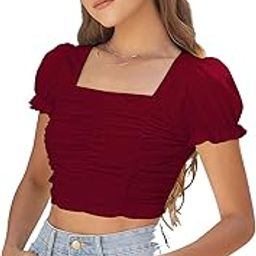 Women's Solid | Floral Puff Sleeve Elastic Crop Top with Square Neckline Ruched Design Lightweight Stylish Top for Western Casual Everyday Wear-image-6
