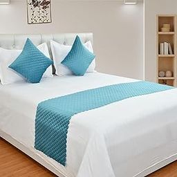 Premium Velvet Quilted Set of Bed Runner(16 X 96 Inches) and 2 Pillow Cover(16 X 16 Inches) Combo Set (Sky Blue)-11