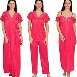 Apparels Solid Satin 4 Piece Nightwear Set (1 Robe, 1 Nighty, 1 Top, 1 Pyjama) for Women | Attractive & Stylish (Free Size, Gajri)-image-96