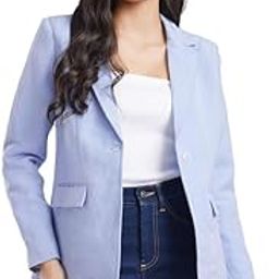 Women's Linen Single Breasted Blazer - Light Blue-picture-10