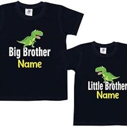 Men's,Boy's Cotton Regular Fit Big Brother Little Brother Tshirts with Name,dinosauar Design Print Name Customize Set of 2 tees Black-image-28
