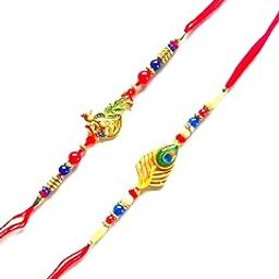 Traditional Rakhi Set with Peacock Feather Design, Red Thread with Beads, 2 Pieces-image-26