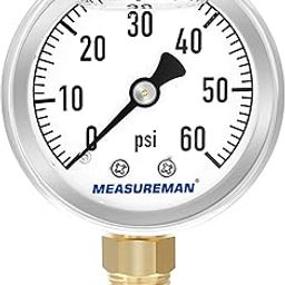 MEASUREMAN 2" Dial Size, Glycerin Filled Plumbing Pressure Gauge, 0-60psi, Black Steel Case, 1/4"NPT Lower Mount-27