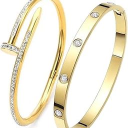 Gold Plated Fashion Jewellery Stainless Steel Anti Tarnish Cuff Band Style Bangle Bracelet And Nail Style Combo Pack of 2 with White CZ Stones For Girls and Women CO1000483GLD-image-76