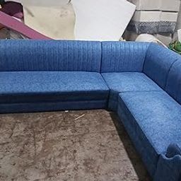 Modern L-Shaped Sectional Sofa, 7 Seater, Channel Tufted, Blue Fabric-image-61