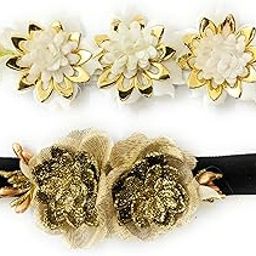 CRAnsh Creations;Crafted with Love Handmade Floral cotton blend head bands for newborn baby girls (0-2 years) clothing accessories Pack of 2 (Black Golden, S)-image-1