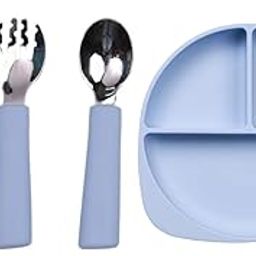 tudd Baby Grip Set Stainless Steel & Silicone Utensils for Kids | Blue with Baby Smiley Suction Plate | Silicone Toddler Plate with 3 Suction Cups & Dividers | Blue-image-68