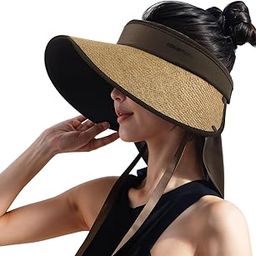 Sun Hats for Women, Straw Women Hat for Sun, Wide Brim Womens Cap with Detachable Neck Flap, UPF 50+ Black Coated Beach Hat for Ladies - Foldable-image-63