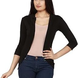 MMC Women's Poly Cotton Open Front Black Shrug with 3/4th Sleeves, Trendy and Fashionable Ladies Shrug-image-123