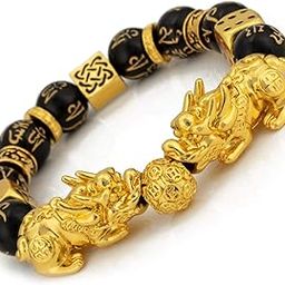 Feng Shui Bracelet Prosperity Double Pi Xiu/Pi Yao Black Mantra Bead Bracelet with Golden Dice Attract Wealth and Good Luck, Large, black obsidian beads-image-46