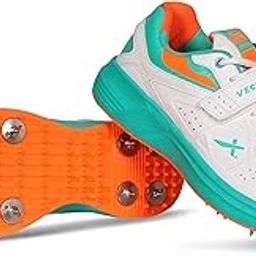 Vector X CKT- 200 Full Spike Cricket Shoes for Men PU Material Breathable Mesh Professional Field and Track Shoes (White-Blue-Orange, Size-8)-87