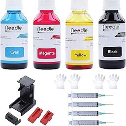Needle 4x100gms (CMYK combo) Cartridge Inkjet Ink Refill Toolkit with Suction Tool Compatible with HP and Canon Cartridge Printers-0