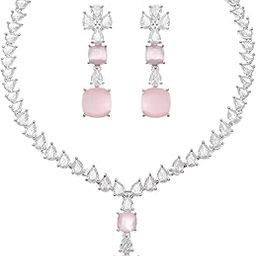 Rhodium-Plated Square American Diamonds Studded Pendulous Necklace With Earrings Jewellery Set For Girls and Women-image-29