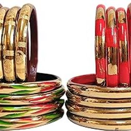 Women Red, Green & Golden Color Glass Kada (Kangan) Bangle Set | Multi-Colour Design | Sizes 2.4, 2.6, 2.8 | Traditional Indian Jewellery | 16 Pieces Set |-27