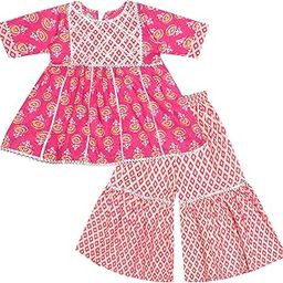 Baby Girl's Cotton Sanganeri/Floral Printed Frock Style Kurti With Printed Sharara Dress Clothing Set-image-7