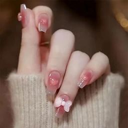 Sunburst Mart Artificial Press-on Nails, Pink Gradient French Tips with 3D Bow Design, Square Shape-image-59