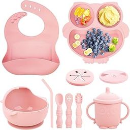 SNOWIE SOFT® Baby Feeding Set of 10Pcs Food Grade Toddlers Silicone Food Plate Sipping Cup Bowl Set with Silicone Bib, Baby Cutleries, Self-Feeding Tableware Set for Toddlers, Sterilizable, Pink-28