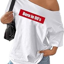 Women's Born in 90's Off-Shoulder T-Shirt, White Casual Top with Red Graphic Print-image-90