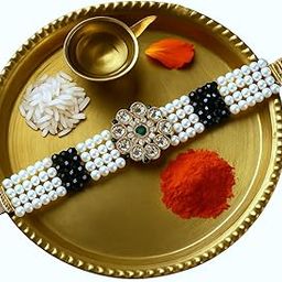 Traditional Pearl Rakhi with Crystal Flower Design, White and Black Beads, Gold-Toned Accent-image-49
