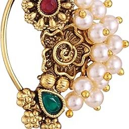 Vighnaharta Gold Plated Pearls (Moti) with CZ stone Alloy Maharashtrian Cultural Nath Nathiya./ Nose Pin for women[VFJ1255NTH-PRESS-picture-44