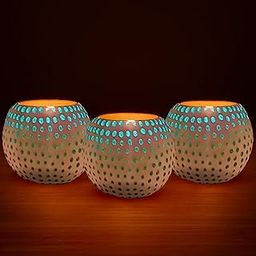Floryn Decor Morrocan Mosaic Candle Holder for Home Decoration |Home Light Decorations Items | Mosaic Glass Candle Holding Stand Pack of 3 (with 3 Tealight Candle Free) (Green Dot)-12