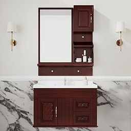 LAPO Bathroom Drawer Door Cabinet with Mirror and Storage Shlef,Ceramic Washbasin (Brown Color) Bathroom Vanity Combo Set-M861-image-3