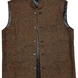 Men's Classic Tweed Nehru Jacket Waistcoat in Bright Brown Self Design, Satin Lined (IN, Alpha, M, Regular, 1, Bright Brown)-picture-47