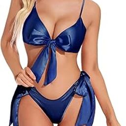 Women's Two-Piece Satin Bikini Swimsuit with Bow Ties, Navy Blue-image-10