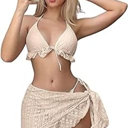 LUXZII Women's 3-Piece Crochet Lingerie Sets with Halter Ruffle Top and Side Tie Cover-Up Skirt – Sexy Swimsuit Beachwear for Summer, Pool, Vacation-picture-18