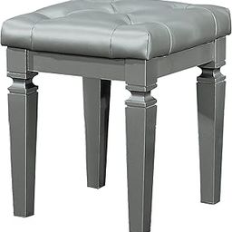 Allura Cushion Crystal Tufted Vanity Stool with Turned Legs Bi-Cast Vinyl, Silver-image-58