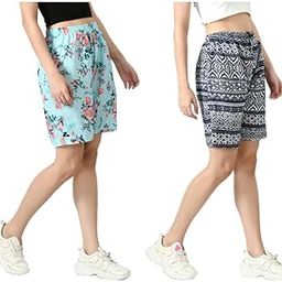 Crepe Digital Floral Printed Shorts for Women [Pack of 2] Multicolor 08-24