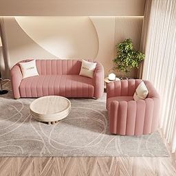 TREE TO DREAMY Modern Channel Tufted Velvet Sofa, Gold Legs, Decorative Throw Pillows for Living Room Bedroom Reception and Office (Pink, 3+1 = 4 Seater Sofa Set)-image-74