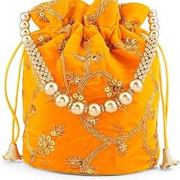 O Haseena Yellow Velvet Embroidered Potli Bag-image-2