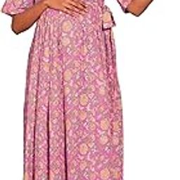 Women's Pink Pure Cotton Floral Printed Wrap Maternity Dress-image-35