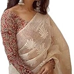 Women's Cream Off White Chanderi Cotton Embroidered Saree With Maroon Kalamkari Printed Blouse Piece Material (Monika 5)-14