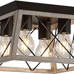 Q&S Farmhouse Oak Semi Flush Mount Ceiling Light Fixture, Vintage Style 4 Light Square Light Fixture for Entryway Hallway Dining Living Room Bedroom-picture-14