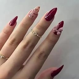 TheVineGirl Set Of 24 Artificial/Fake Reusable Press on Korean Nails In Maroon and Pink Colour With Floral Detailing and 3D Bow Sticker And Glue-12