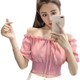 Womens' Pink Crepe Solid Offshoulder Crop Top-image-26