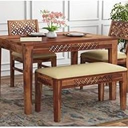 ANUBHAV HANDICRAFTS Sheesham Wood 4 Seater Dining Table with 2 Cushion Chair and 1 Bench for Living Room Home Wooden Dining Room Furniture (Honey Finish)-image-78
