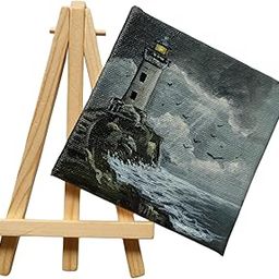 BHAGATH ART STUDIO Mini Canvas Lighthouse Painting with Wooden Easel, 10 cm × 10 cm, Dark Grey Seascape, Home Decor,Fine Art-image-71
