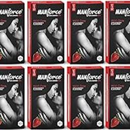 Manforce Xotic Strawberry Flavoured Extra Dotted Condoms for Men | Dotted for Her Stimulation | Lubricated Latex Condoms | 10 Pcs x Pack of 12-17