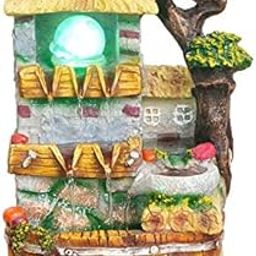 INDIANA CRAFT Polyresin Hut Style Tabletop Indoor 3 Steps Water Fountain for Home Decor with LED, Speed Controller Pump & Crystal Ball (Size: 35 x 24 x 19CM |Colour: Multi | Weight: 2055 Gram)-picture-1