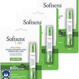 Softsens Baby Natural Mosquito Repellent Fabric Roll-On - 8ml | Non-Sticky Mosquito Repellent With Upto 8 Hrs Protection | Paediatrician Certified, Pack of 3-6