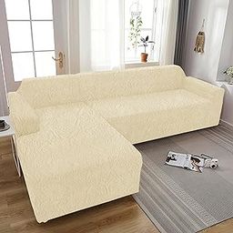 House of Quirk Universal Jacquard Waterproof Camellia Fabric L - Shape Sofa Cover Soft Touching Cover for Couch Flexible Stretch Sofa Slipcover (Beige)-image-2