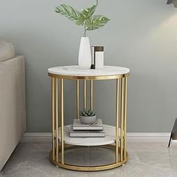 WOODILLA Modern Retro End Table Gold Iron & Wooden Art Small Round Table Living Room Balcony Sofa Side Table Coffee Table Bedroom Bedside (White)-image-23